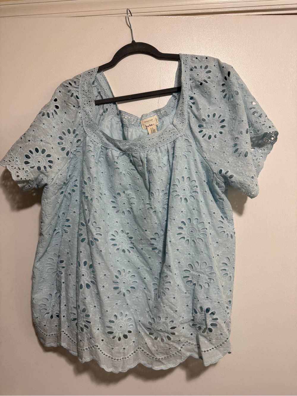 Nicole Miller Pale Blue Eyelet Cotton Peasant Blouse